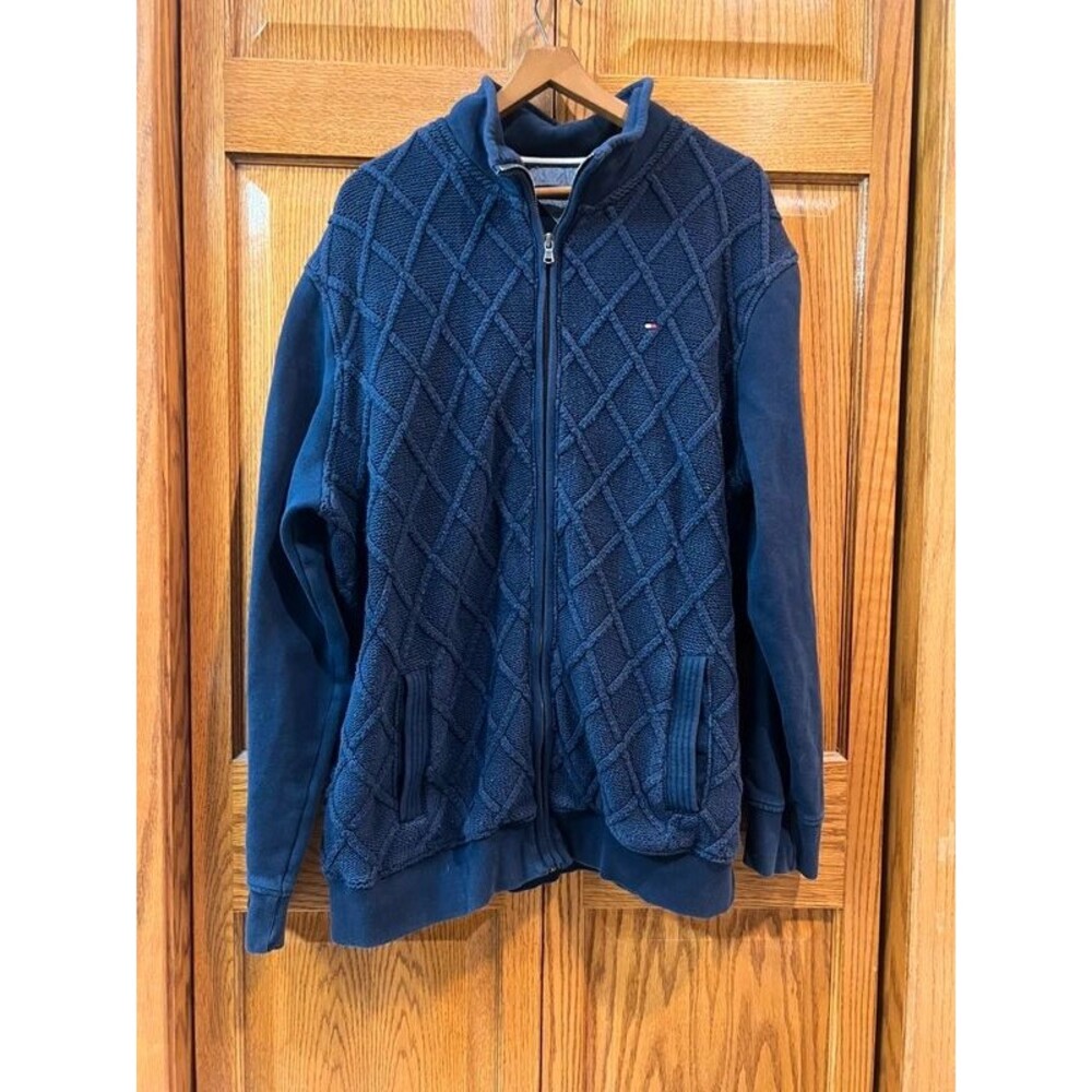 Tommy Hilfiger Navy Full Zip Cable Knit Mixed Media Jacket/Sweater